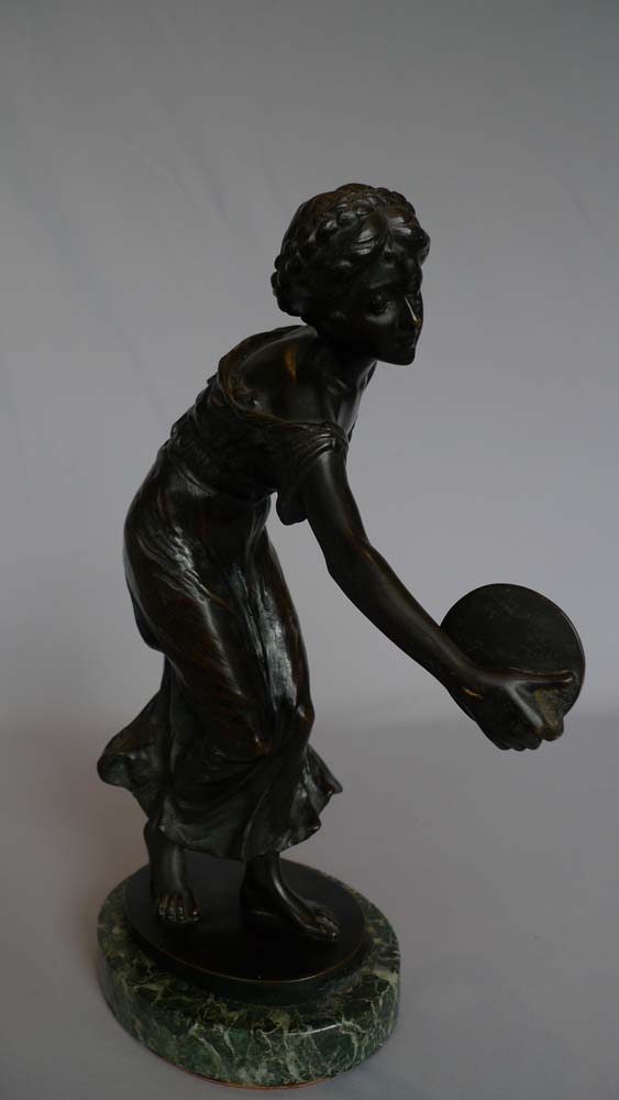 Antique Bronze figure of a maiden throwing a discus signed Ferdinand Lugerth