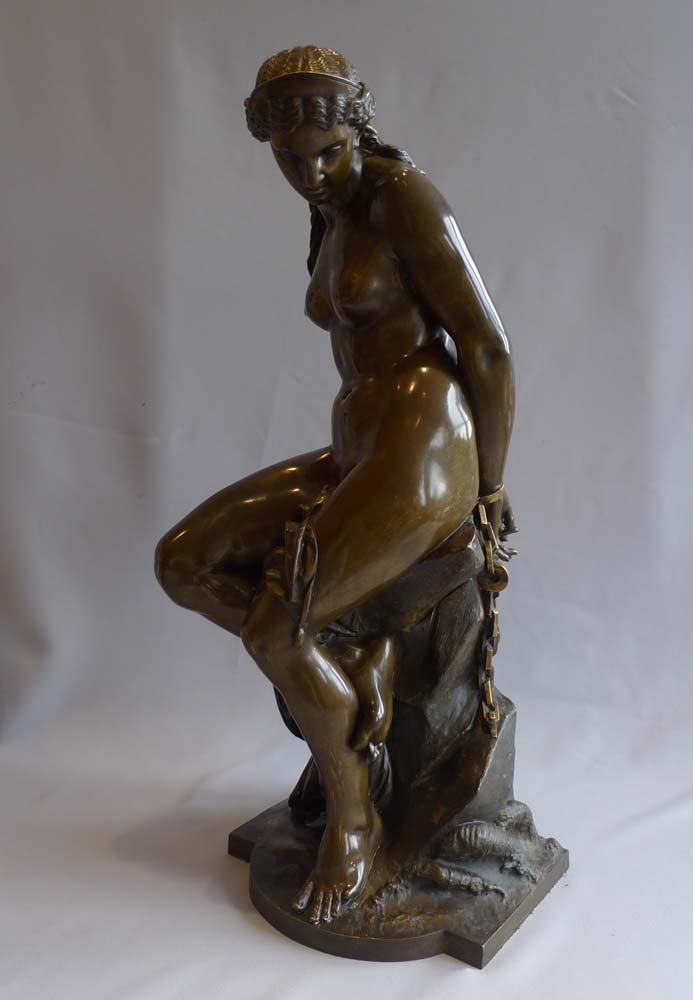 Antique bronze of Andromeda in chains by Alexandre-Pierre Schoenewerk.