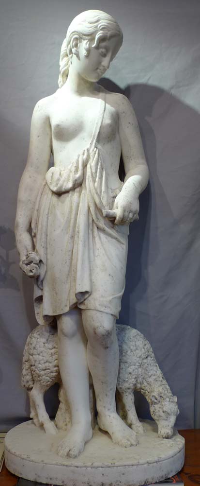 Antique marble sculpture of girl with sheep, English early 19th century.