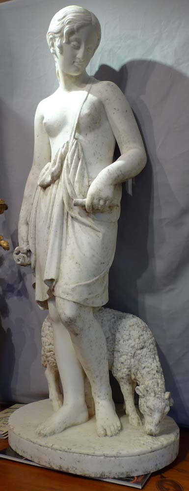 Antique marble sculpture of girl with sheep, English early 19th century.