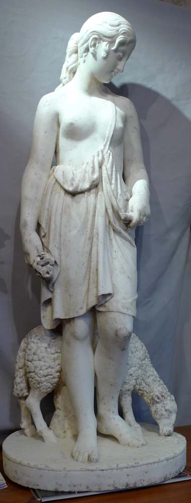 Antique marble sculpture of girl with sheep, English early 19th century.
