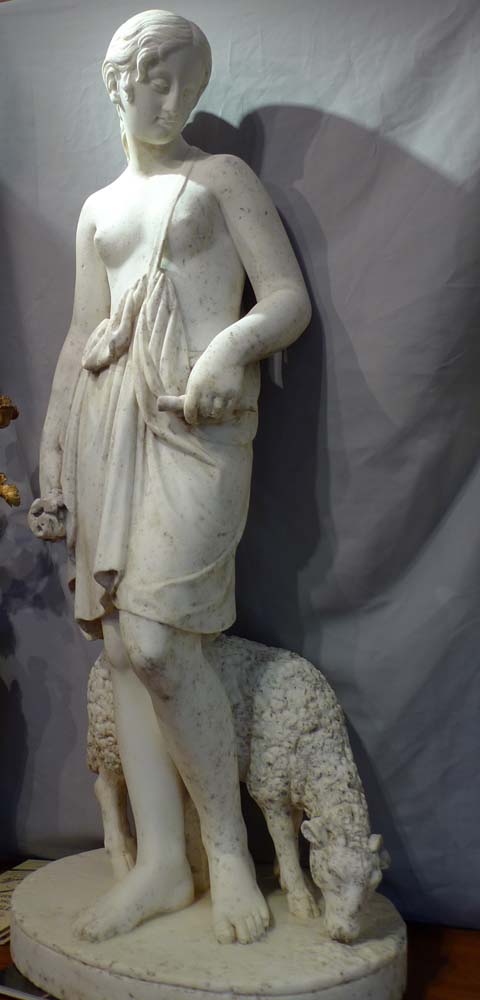 Antique marble sculpture of girl with sheep, English early 19th century.