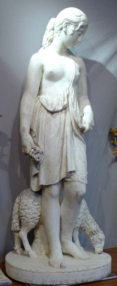 Antique marble sculpture of girl with sheep, English early 19th century.