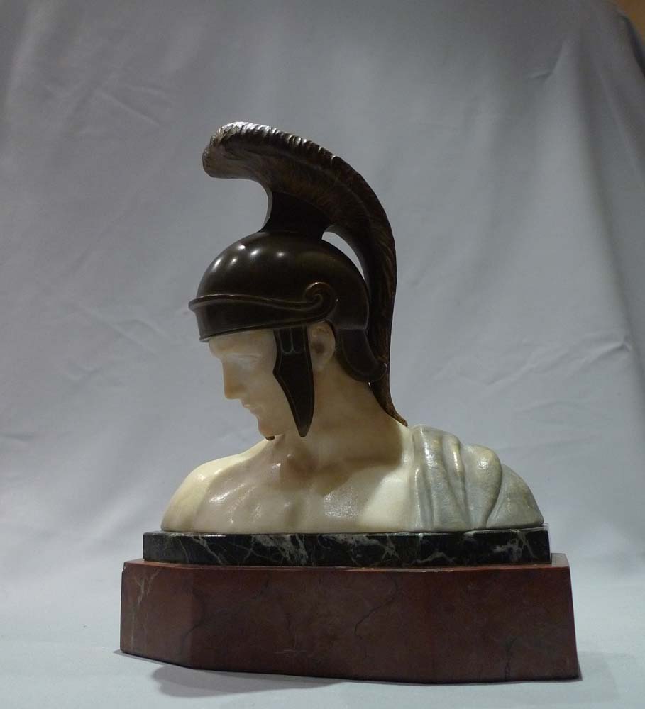 Alabaster, bronze and marble bust of an Ancient greek warrior.