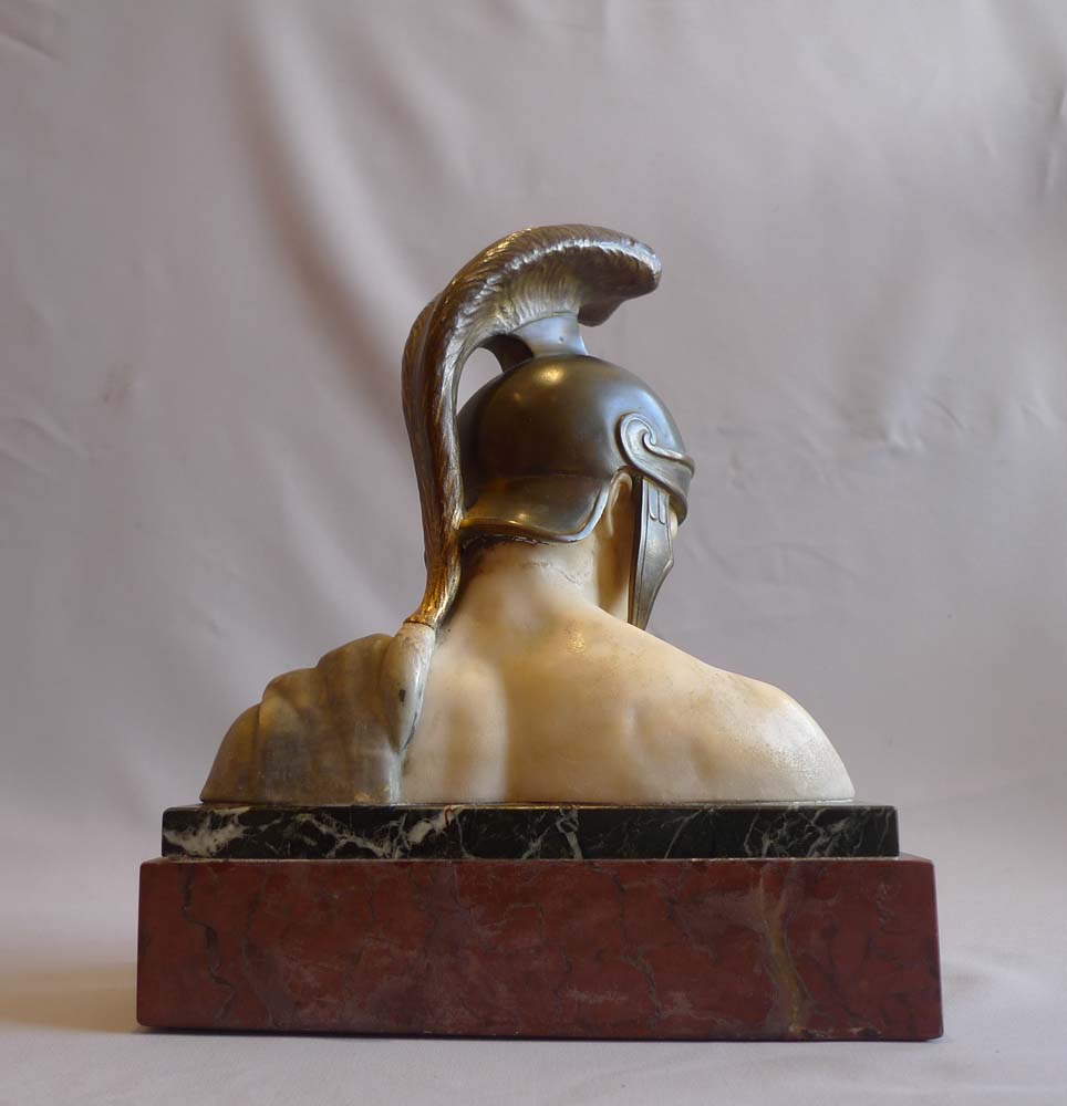 Alabaster, bronze and marble bust of an Ancient greek warrior.