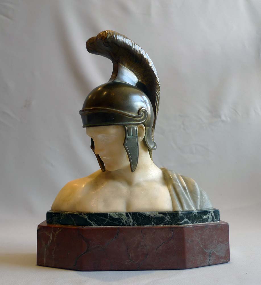 Alabaster, bronze and marble bust of an Ancient greek warrior.