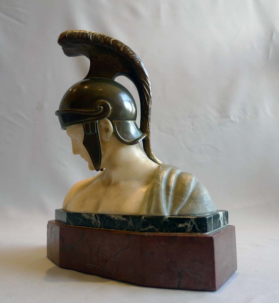 Alabaster, bronze and marble bust of an Ancient greek warrior.