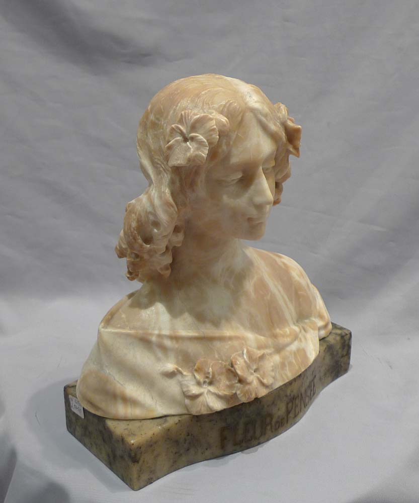 Antique marble and alabaster bust of a maiden titled 