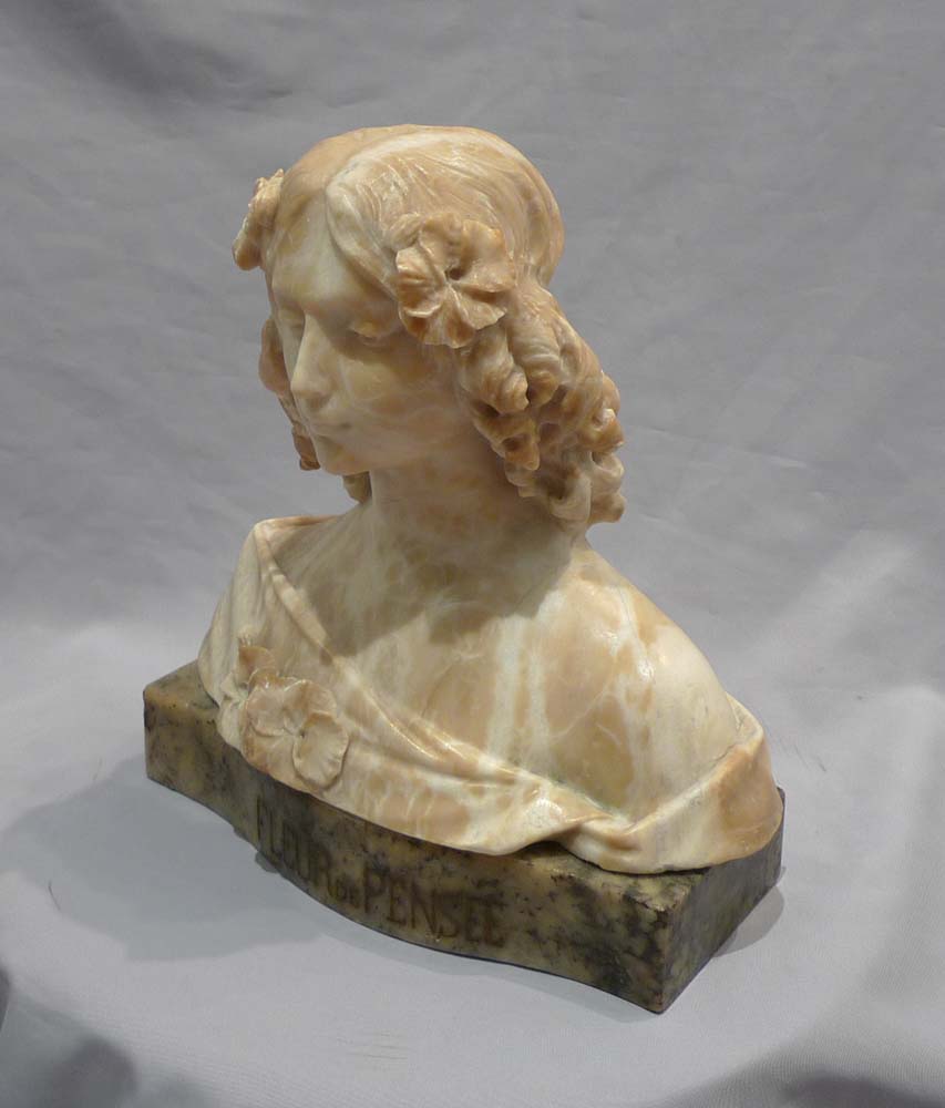 Antique marble and alabaster bust of a maiden titled 