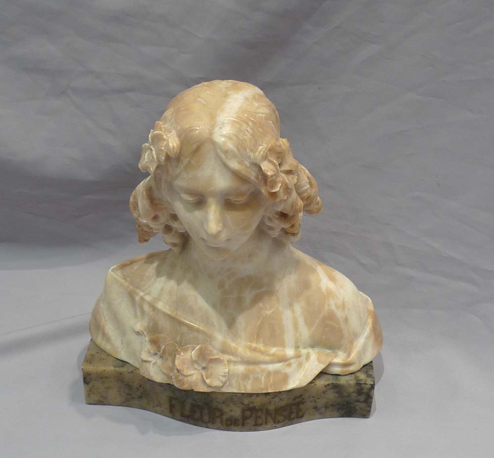 Antique marble and alabaster bust of a maiden titled 