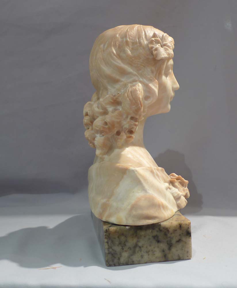 Antique marble and alabaster bust of a maiden titled 