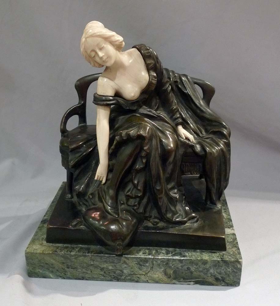 Art Nouveau bronze and ivory sculpture of girl on a bench by P Tereszczuk.