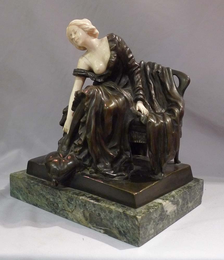 Art Nouveau bronze and ivory sculpture of girl on a bench by P Tereszczuk.