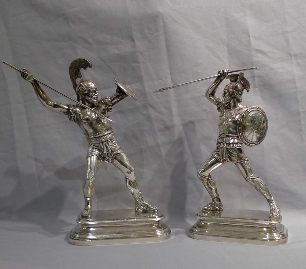 Pair silvered bronze gladiators signed E. Guillemin.