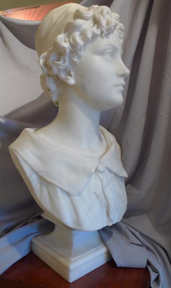  Carved marble figure of Archicture as an Italian youth dated 1886 and signed Aristide Fontana