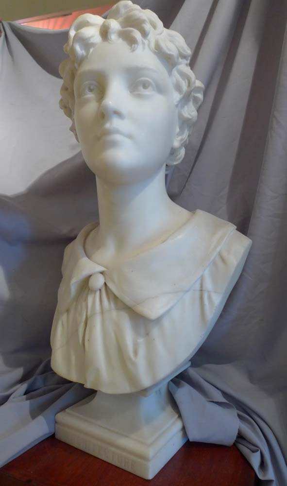  Carved marble figure of Archicture as an Italian youth dated 1886 and signed Aristide Fontana