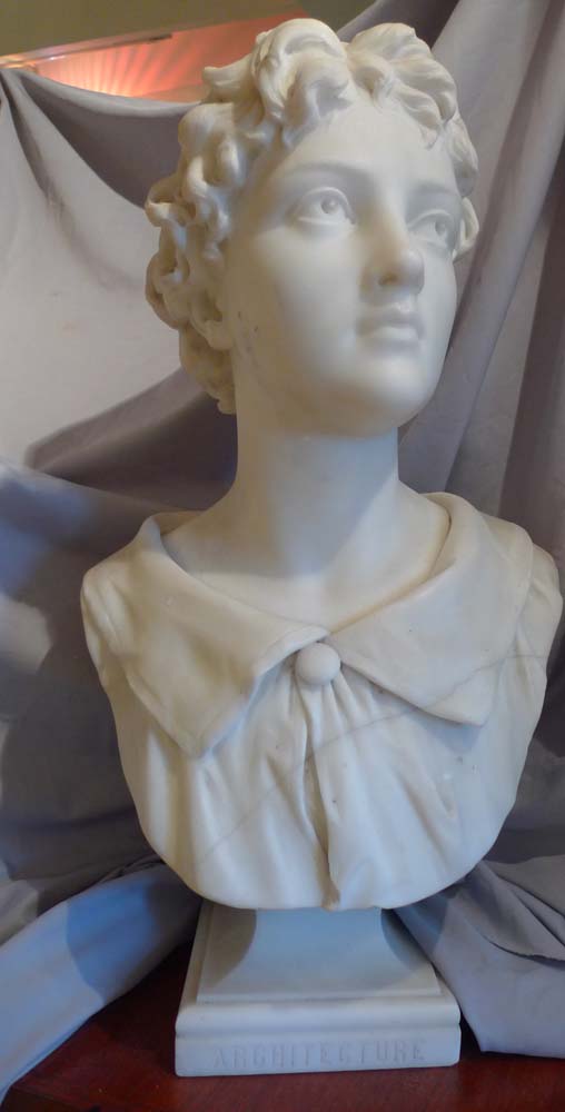  Carved marble figure of Archicture as an Italian youth dated 1886 and signed Aristide Fontana