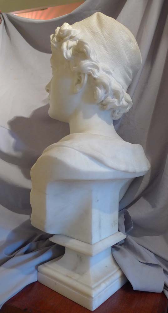  Carved marble figure of Archicture as an Italian youth dated 1886 and signed Aristide Fontana