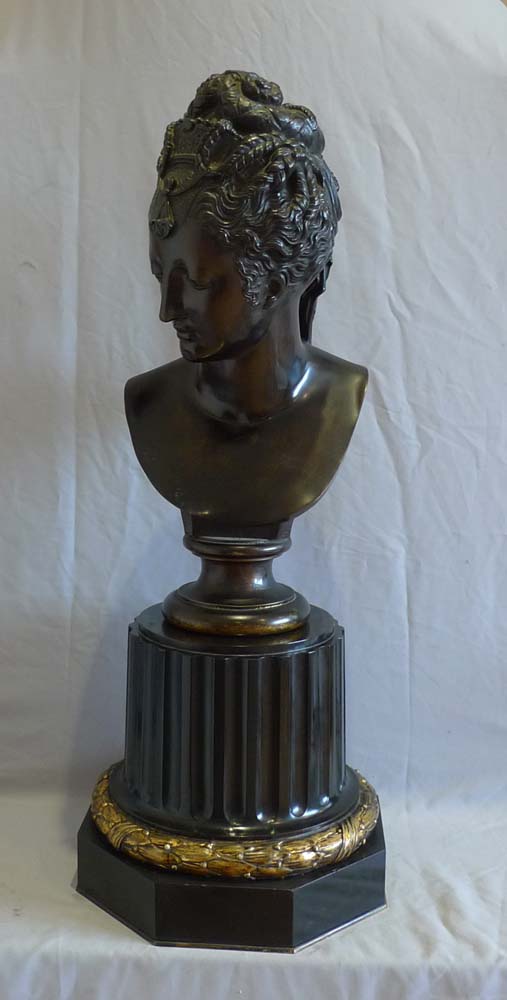 Antique Barbedienne bronze bust of classical lady on ormolu mounted black marble base.