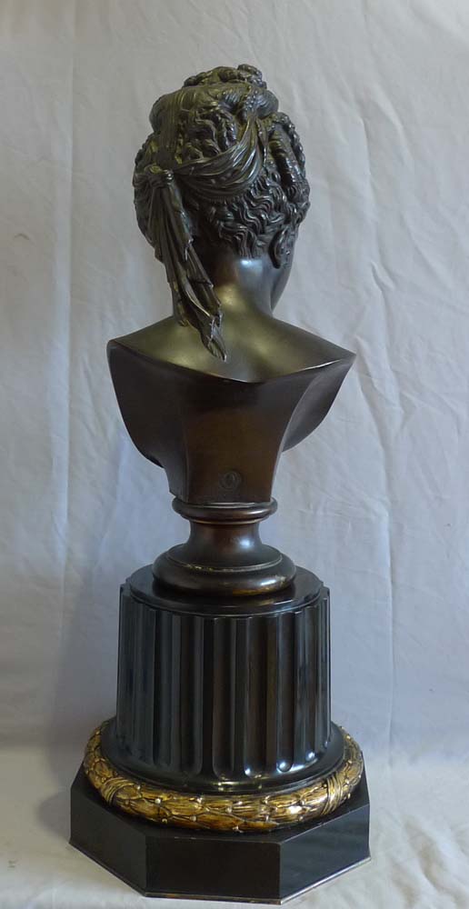 Antique Barbedienne bronze bust of classical lady on ormolu mounted black marble base.