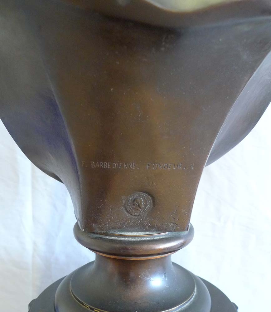 Antique Barbedienne bronze bust of classical lady on ormolu mounted black marble base.
