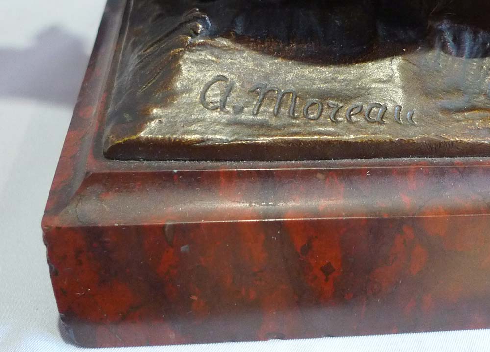 Antique French bronze of putti signed A Moreau, on rouge marble base