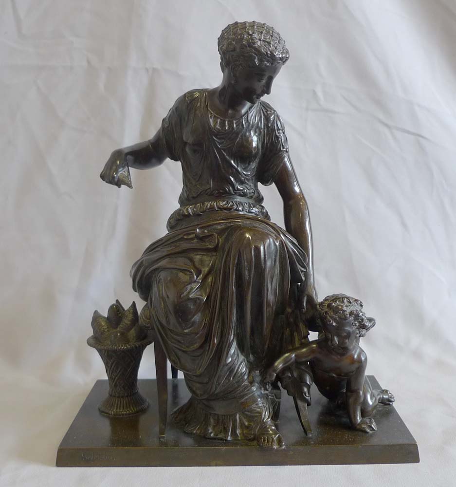 Antique French patinated bronze group of woman and cupid by Jean Jules Salmson.