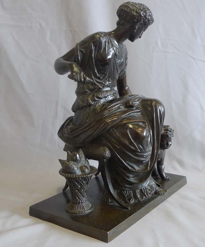 Antique French patinated bronze group of woman and cupid by Jean Jules Salmson.
