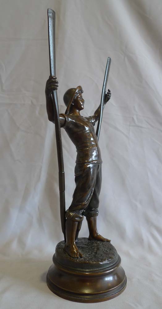 Antique French bronze of a young lifeboatman or gig rower signed Antoine Bofill