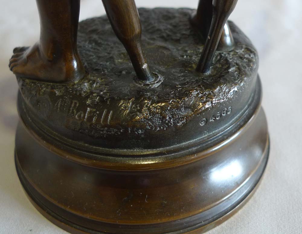 Antique French bronze of a young lifeboatman or gig rower signed Antoine Bofill