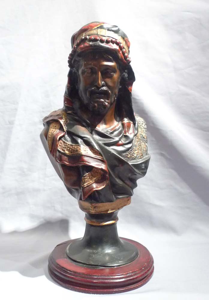 Pair of orientalist cold painted busts of a man and woman.