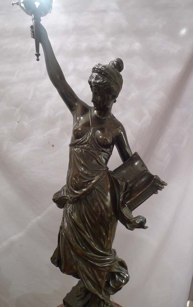 Antique pair of figural bronze lamps of classical semi draped maidens..