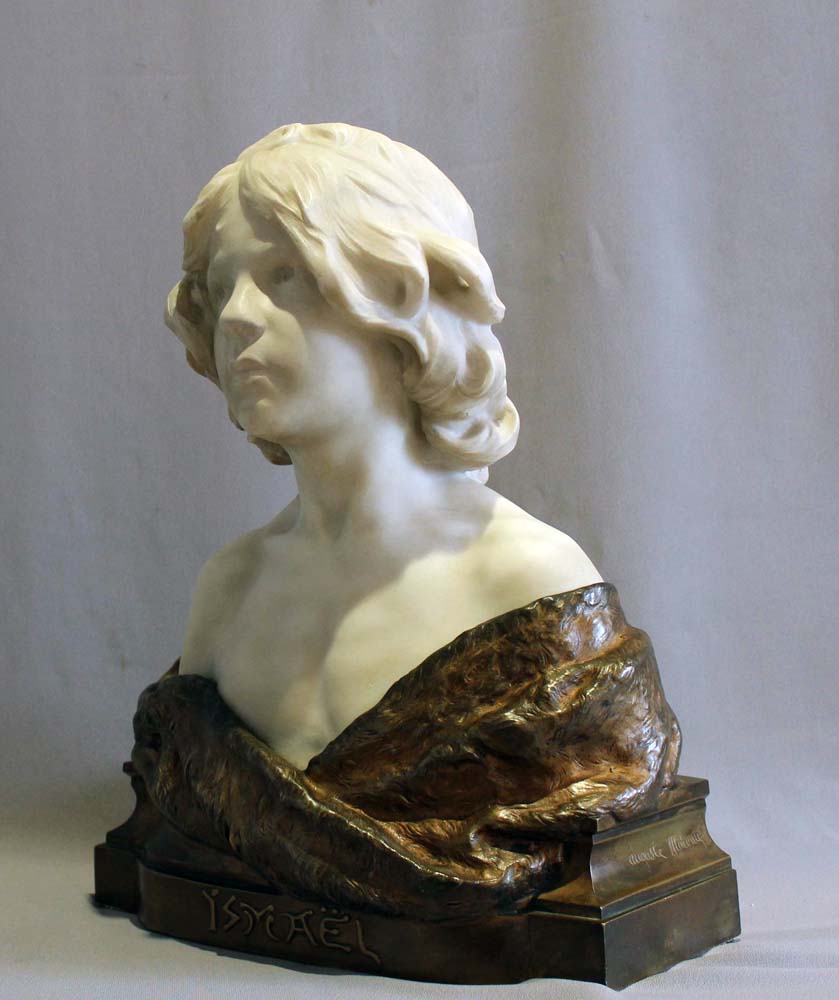 Antique Carrera marble and bronze bust of young boy titled Ismael by Aug. Moreau.