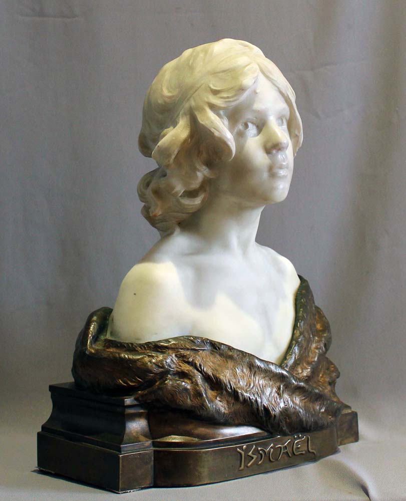Antique Carrera marble and bronze bust of young boy titled Ismael by Aug. Moreau.
