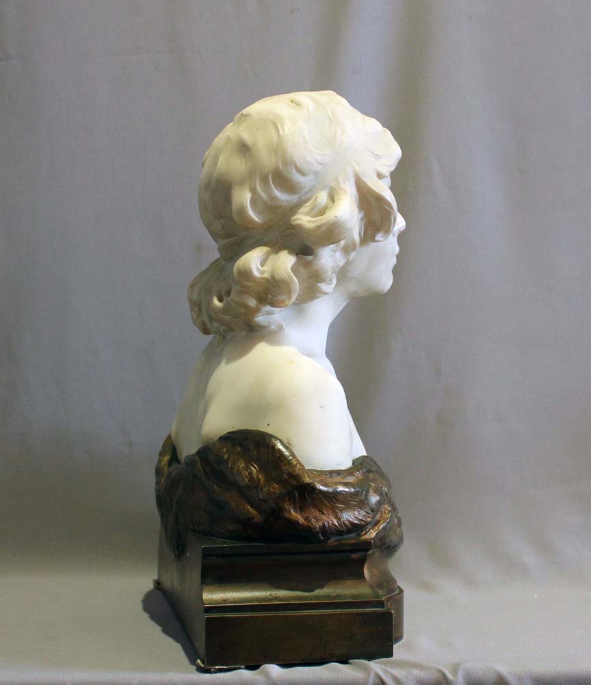 Antique Carrera marble and bronze bust of young boy titled Ismael by Aug. Moreau.