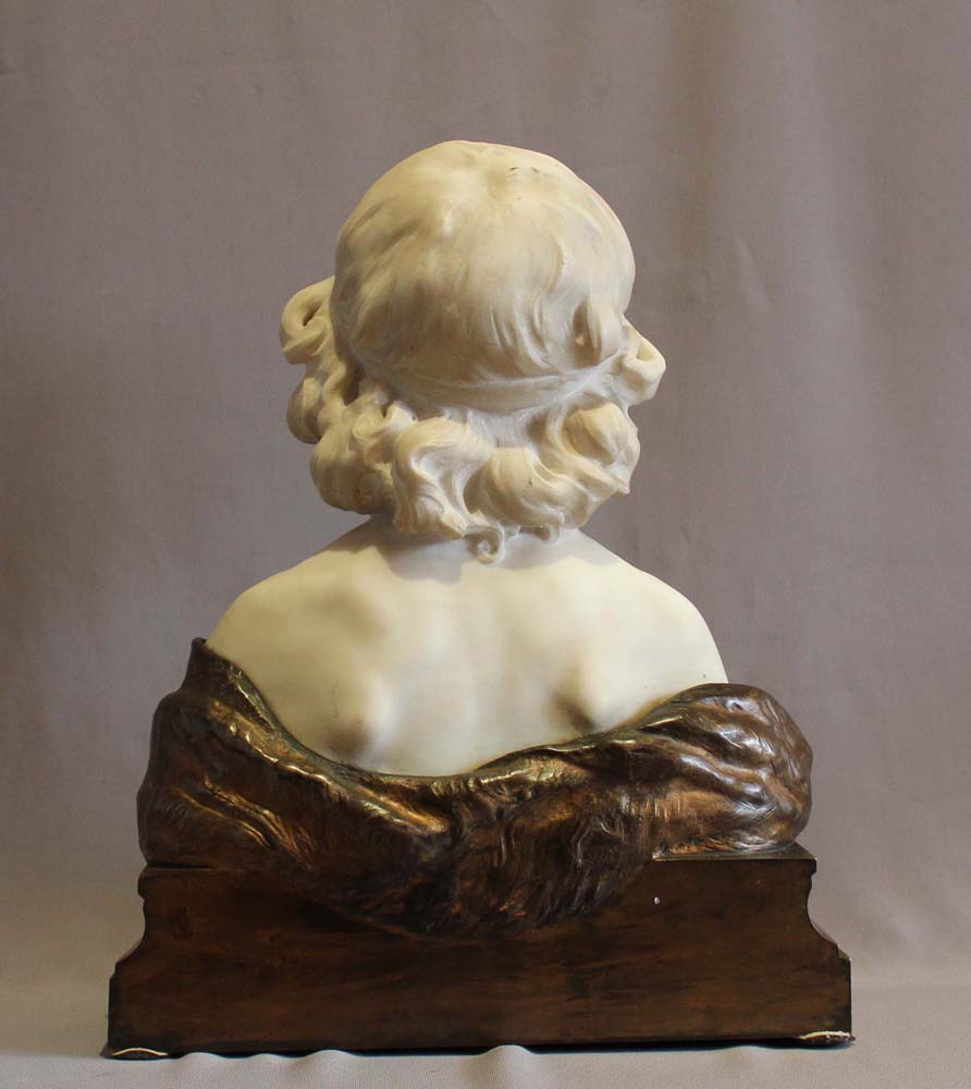 Antique Carrera marble and bronze bust of young boy titled Ismael by Aug. Moreau.