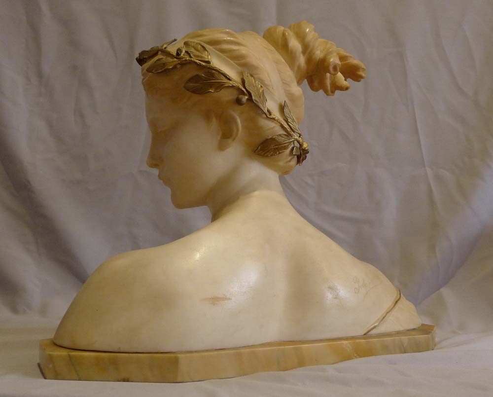 Posie antique carved white marble and gilt bronze mounted bust by Prof. Antonio Garella.