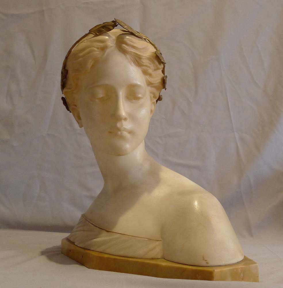 Posie antique carved white marble and gilt bronze mounted bust by Prof. Antonio Garella.