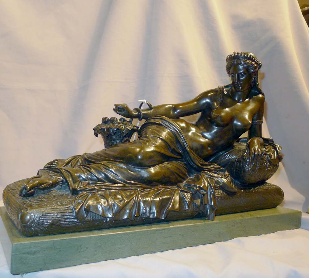 Fine antique bronze of Cleopatra with Asp on a green marble base