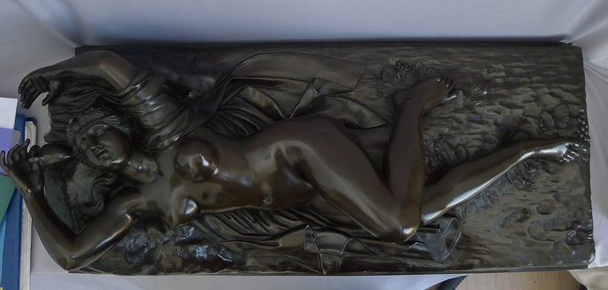Massive Antique French bronze of a baccanalian maiden reclining, in manner of Claude Michel Clodion