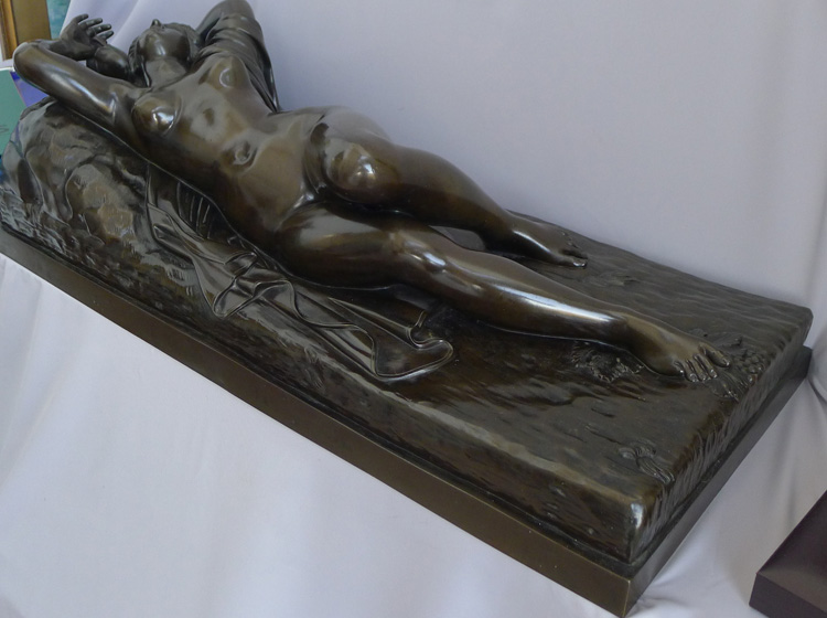 Massive Antique French bronze of a baccanalian maiden reclining, in manner of Claude Michel Clodion