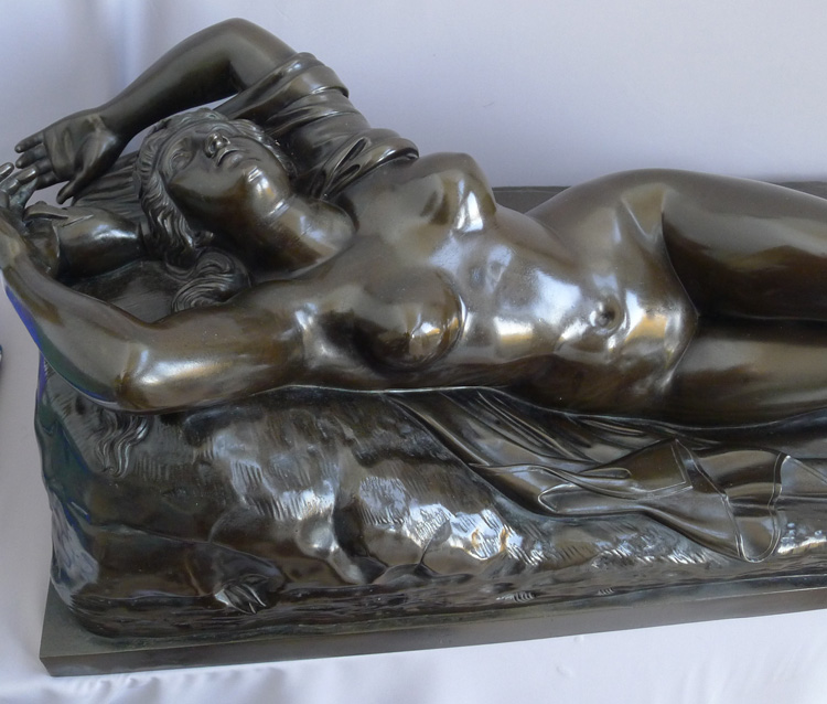 Massive Antique French bronze of a baccanalian maiden reclining, in manner of Claude Michel Clodion