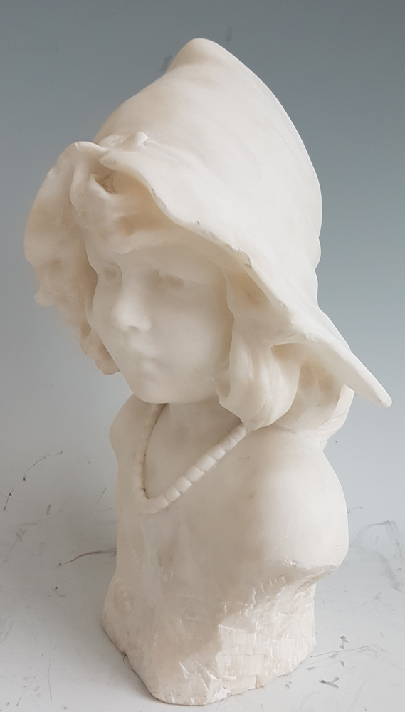 Antique White Carrera Marble Bust of a Girl Wearing a Bonnet