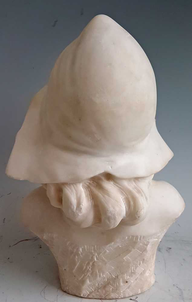 Antique White Carrera Marble Bust of a Girl Wearing a Bonnet