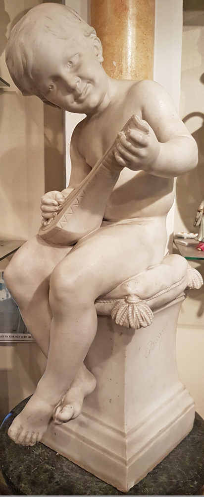 Antique White Carrera Marble Sculpture of Boy playing a Flute Signed E. Barrias