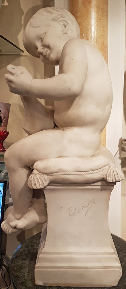 Antique White Carrera Marble Sculpture of Boy playing a Flute Signed E. Barrias