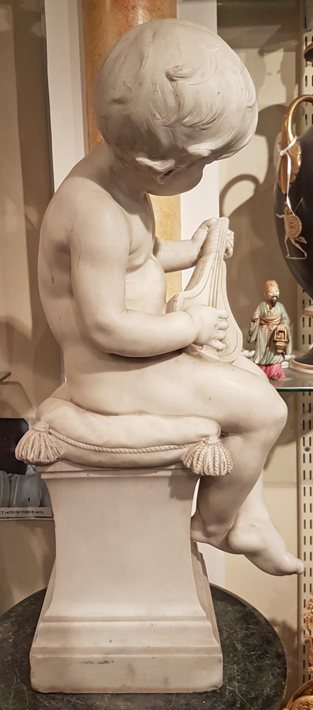 Antique White Carrera Marble Sculpture of Boy playing a Flute Signed E. Barrias