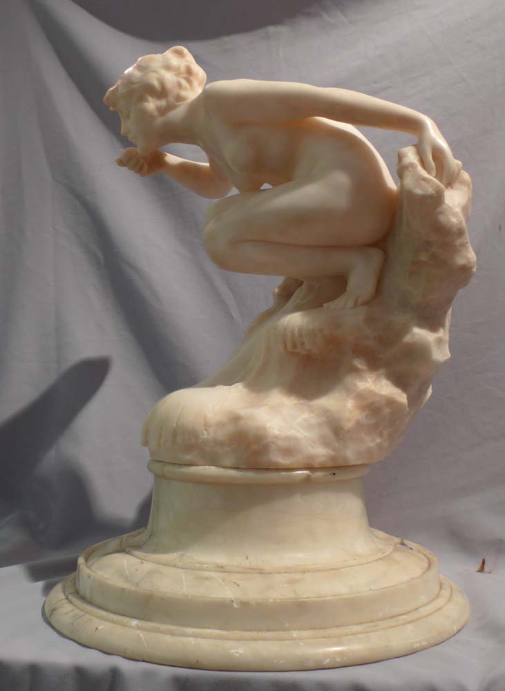 Art Nouveau marble sculpture of a nymph drinking from a dish.