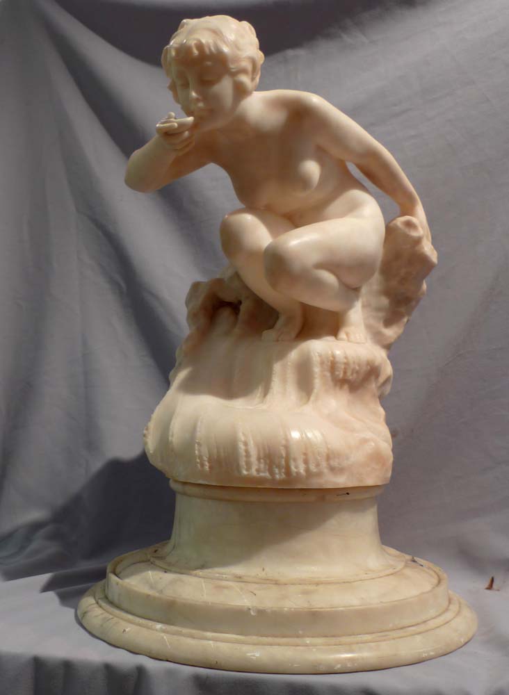 Art Nouveau marble sculpture of a nymph drinking from a dish.