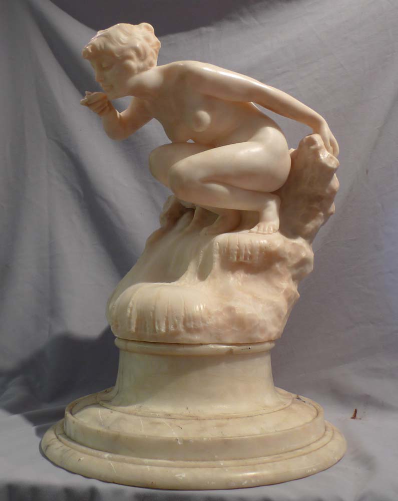 Art Nouveau marble sculpture of a nymph drinking from a dish.